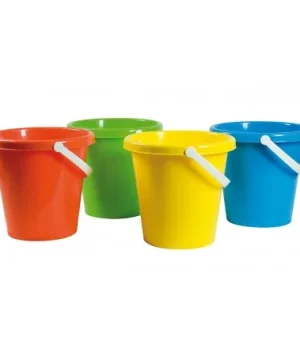 Plasthinke Androni, röd, grön, gul och blå, alla med vit handtag, diameter 22 cm, höjd 21 cm.