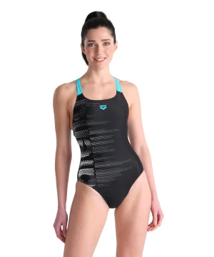 Baddräkt, Arena Swim Pro Back Graphic, svart, vit och aqua, dammodell med Pro Back-snitt.