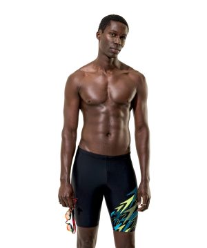 Jammer, Speedo Medley Logo, antracit/hyper teal, herre, mand med svømmebriller i højre hånd.