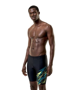 Konkurrence-badebukser, Speedo Medley Logo Jammer, antracit/hyper teal, med en blå og gul zigzag-stribe på det ene ben, til mænd.