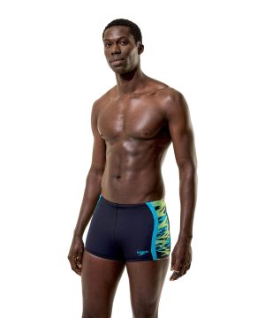 Svømmeshorts, Speedo Hyperboom Splice, antracit/hyper teal, herre, med blå og grøn detalje på venstre side.